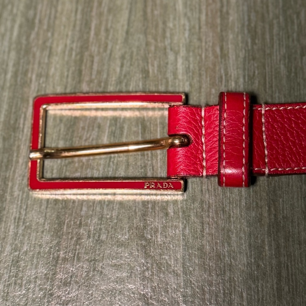 Prada Red Leather Belt featuring goldtone buckle with red enamel detailing 34 - Picture 2 of 6